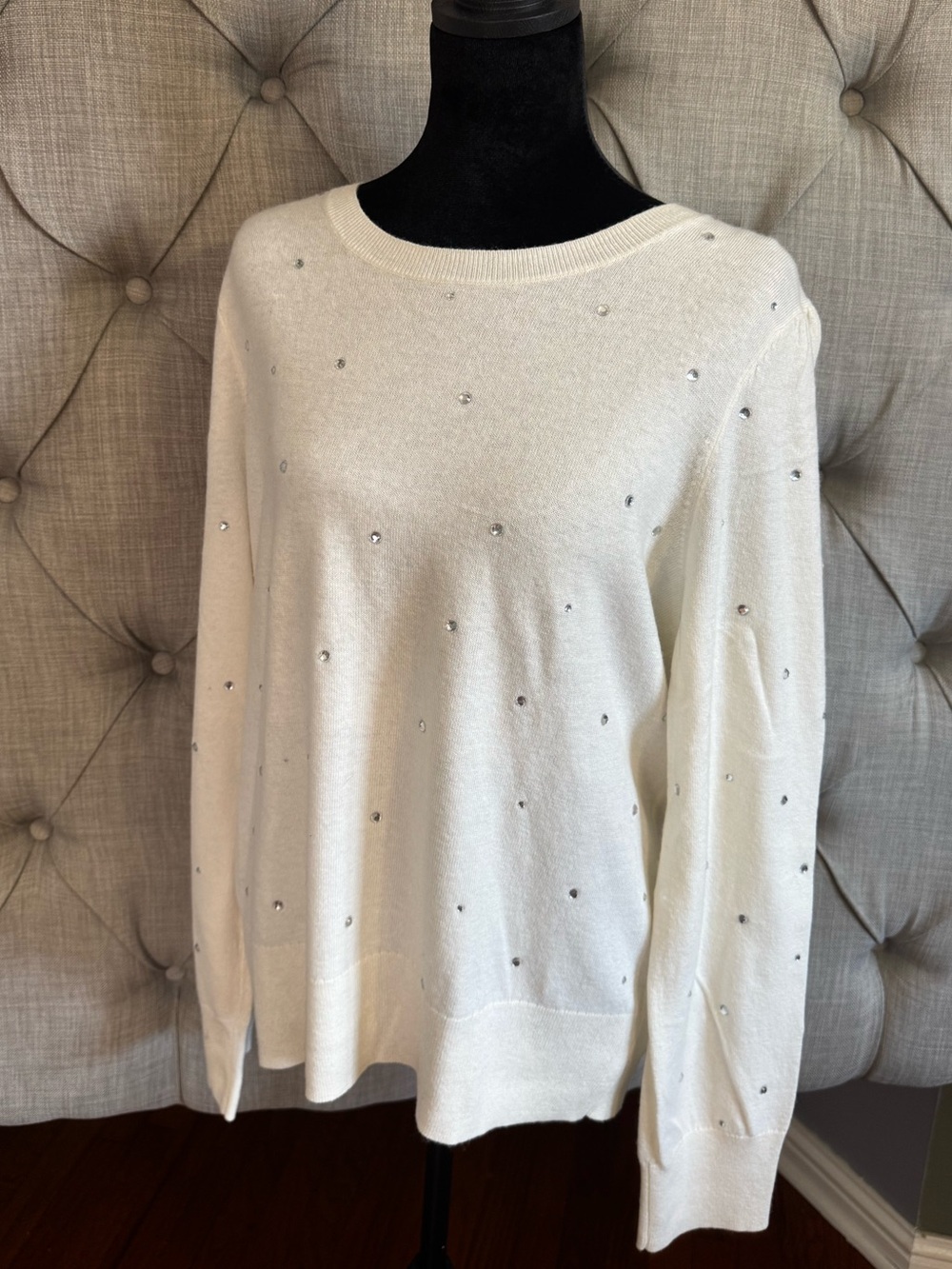 kate spade White Crewneck Sweater with Scattered Rhinestones
